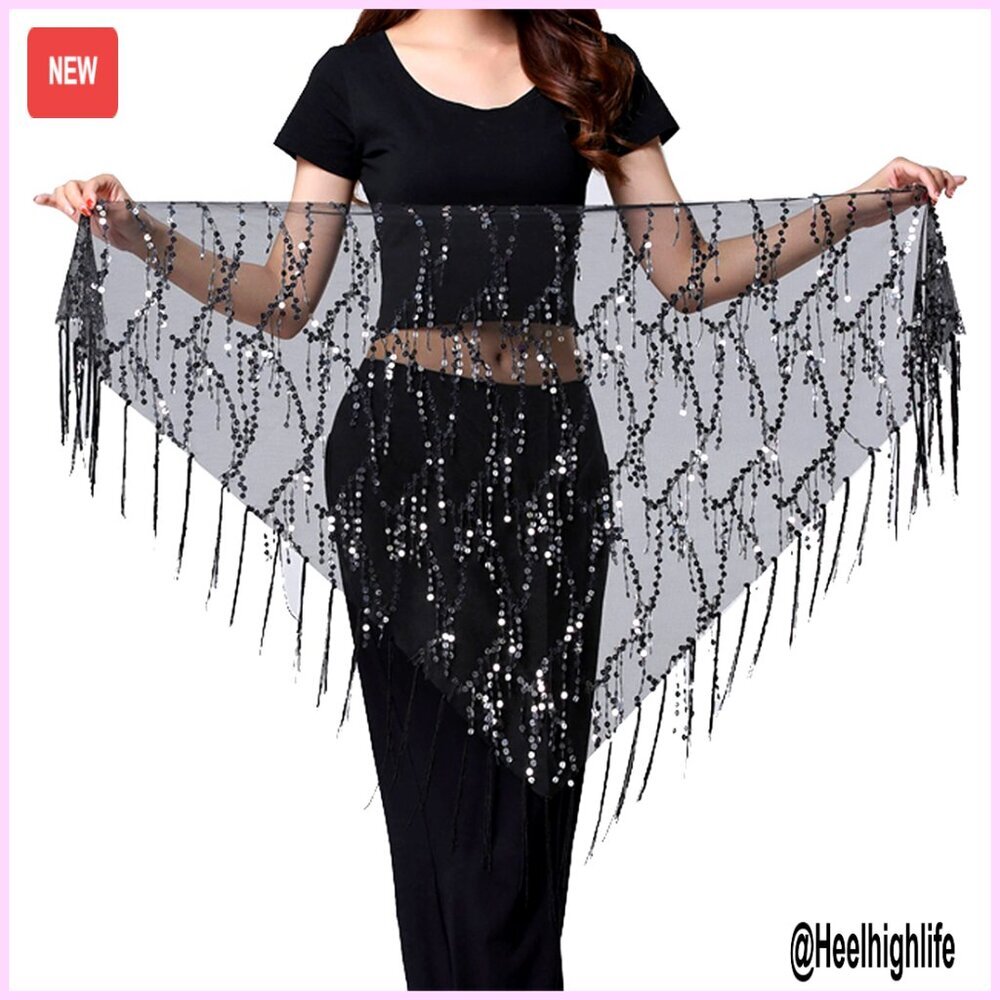 Belly Dance Hip Scarf Belt, Nylon Sequins, 55" Length, Yoga Zumba Accessory